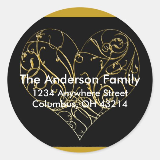 Gold Scroll Heart Design 1 - Retouradreslabels Ronde Sticker (Voorkant)