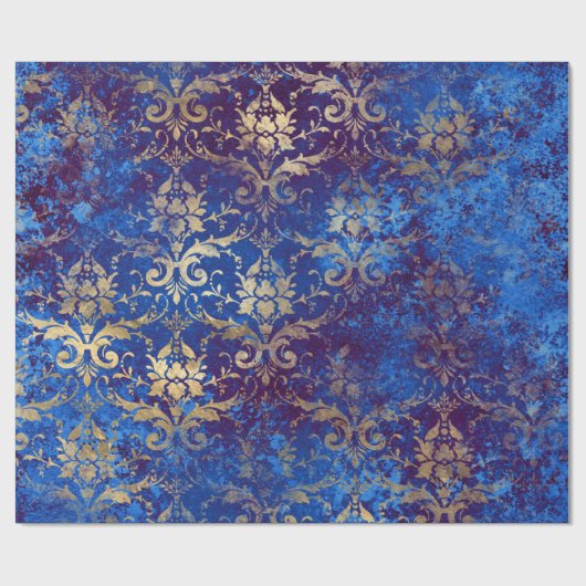Gold Scroll Work Flowers op Blue Cadeaupapier (Vlak)