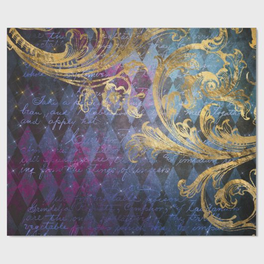 Gold Scrollwork op Paars en blauw Cadeaupapier (Vlak)