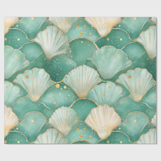 Gold Sea Shell Wave Pattern in Aqua Teal Cadeaupapier (Vlak)