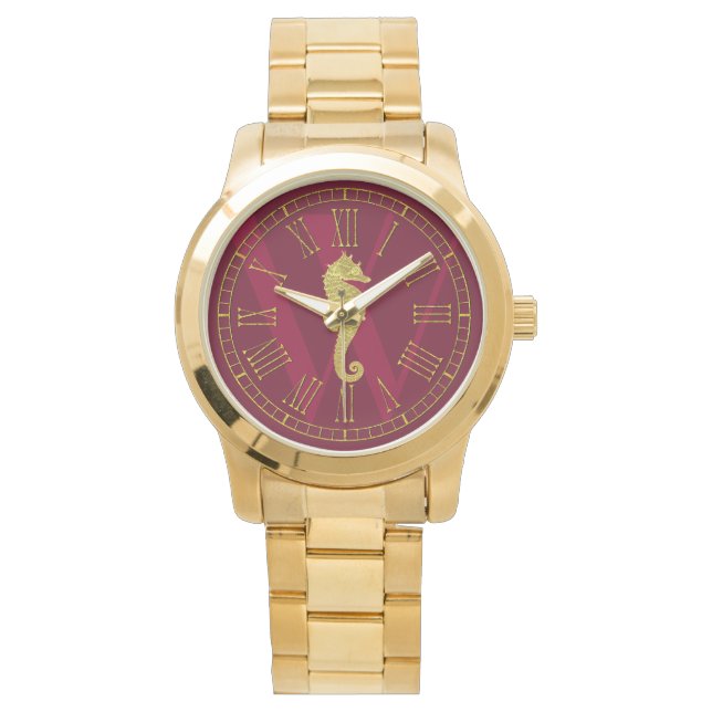 Gold Seahorse Monogram Personaliseren Horloge (Voorkant)