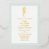 Gold Seahorse with Aqua Lijst Wedding Folie Uitnodiging (Voorkant)