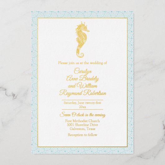 Gold Seahorse with Aqua Lijst Wedding Folie Uitnodiging (Voorkant)