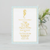 Gold Seahorse with Aqua Lijst Wedding Folie Uitnodiging (Staand Voorkant)