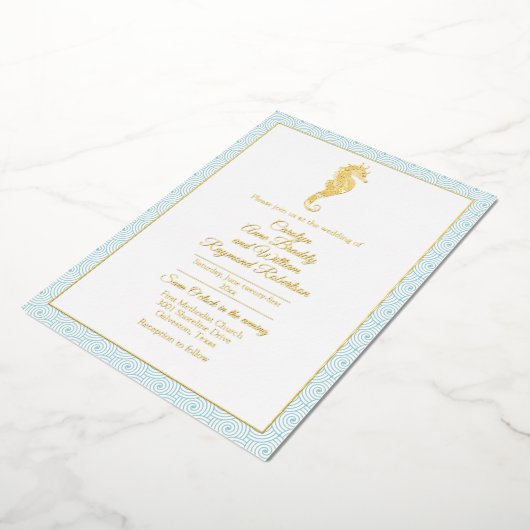Gold Seahorse with Aqua Lijst Wedding Folie Uitnodiging (Gedraaid)