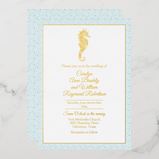Gold Seahorse with Aqua Lijst Wedding Folie Uitnodiging (Voorkant / Achterkant)