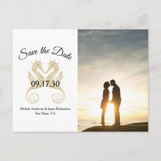 Gold Seahorses Tropical Wedding Datum opslaan Foto Aankondigingskaart (Voorkant)