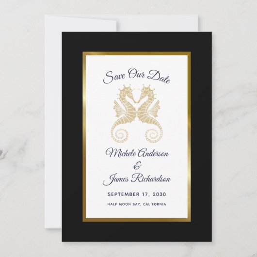 Gold Seahorses Tropical Wedding Save the Date (Voorkant)