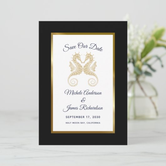 Gold Seahorses Tropical Wedding Save the Date (Staand voorkant)