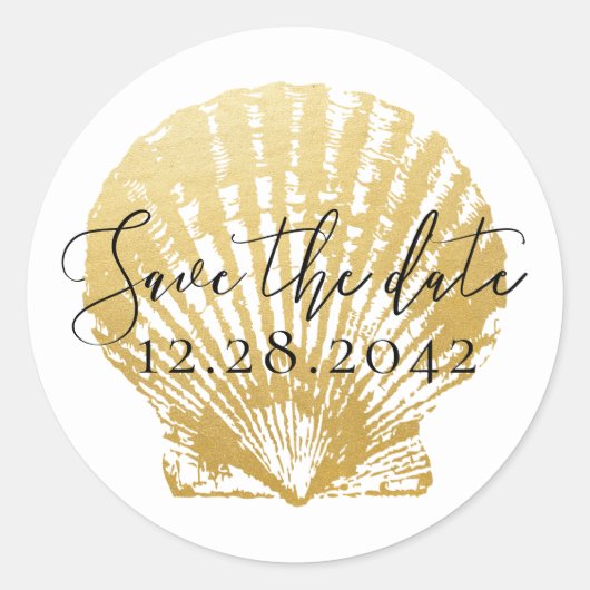 Gold Seashell Beach Bruiloft Save the Date Ronde Sticker (Voorkant)