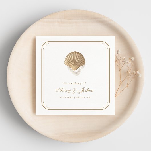 Gold Seashell Coastal Wedding Drink Servet