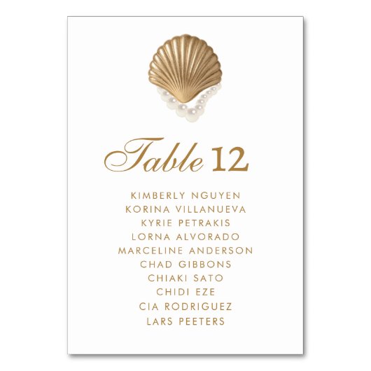 Gold Seashell Coastal Wedding Zitting Teken Kaart (Achterkant)