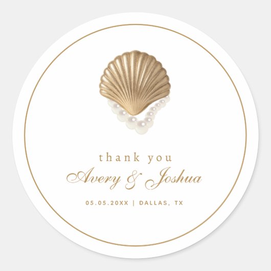 Gold Seashell Custom Coastal Wedding Favor Ronde Sticker (Voorkant)
