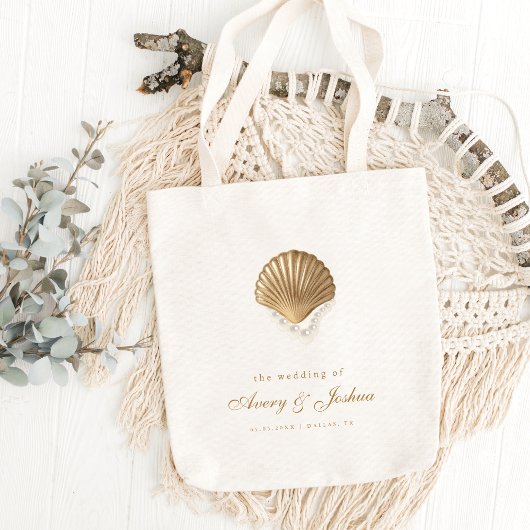 Gold Seashell Custom Coastal Wedding Favor Tote Bag