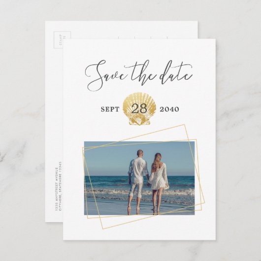 Gold Seashell Eenvoudig Modern Beach Bruiloft Aankondigingskaart (Voorkant / Achterkant)