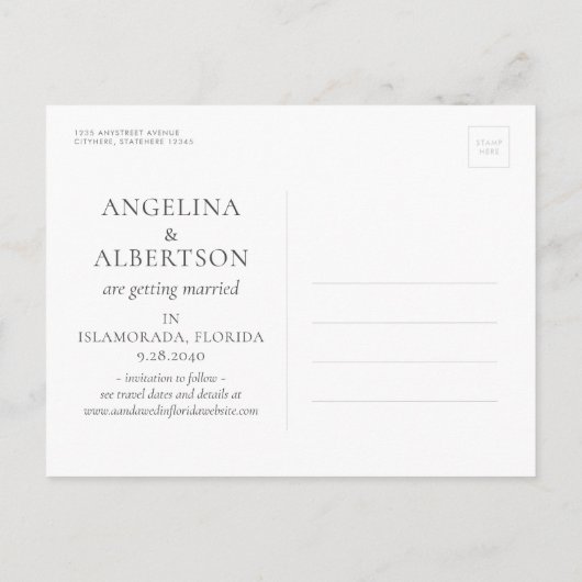 Gold Seashell Eenvoudig Modern Beach Bruiloft Aankondigingskaart (Achterkant)