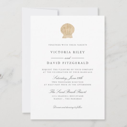 Gold Seashell Elegant Ocean Beach bruiloft Kaart (Voorkant)