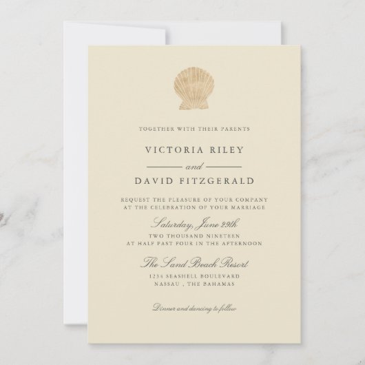Gold Seashell Elegant Ocean Beach bruiloft Kaart (Voorkant)