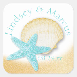 Gold Seashell en Aqua Starfish Sparkle Beach Vierkante Sticker