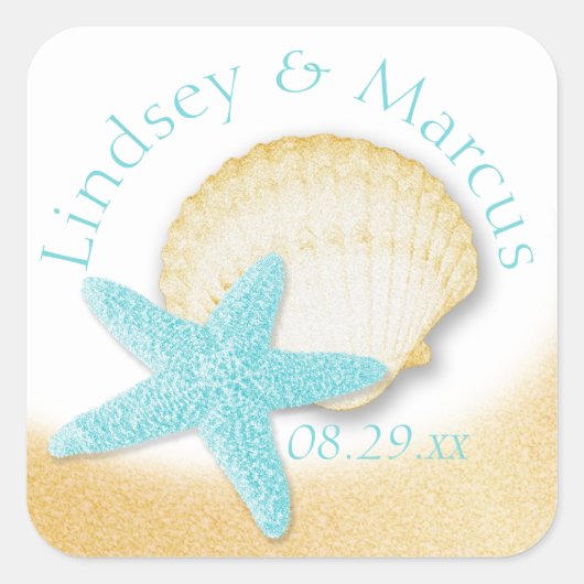 Gold Seashell en Aqua Starfish Sparkle Beach Vierkante Sticker (Voorkant)