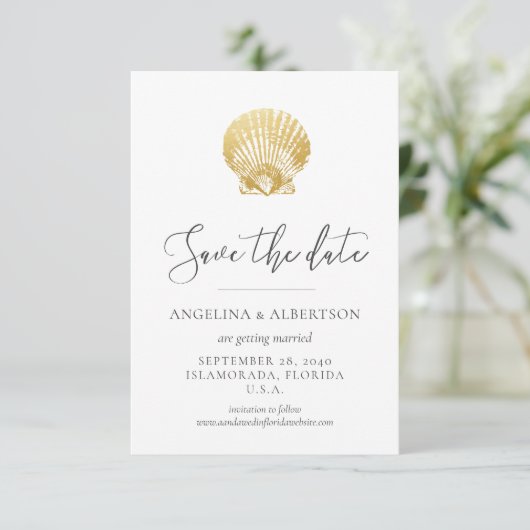 Gold Seashell en Blush Pink Save the Date (Staand voorkant)