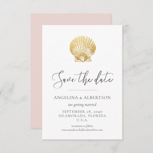 Gold Seashell en Blush Pink Save the Date (Voorkant / Achterkant)