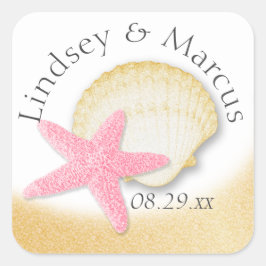 Gold Seashell en Pink Starfish Sparkle Beach Vierkante Sticker