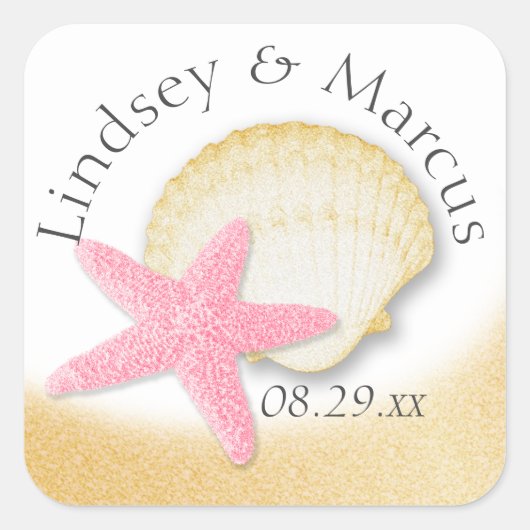 Gold Seashell en Pink Starfish Sparkle Beach Vierkante Sticker (Voorkant)