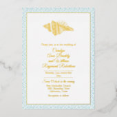 Gold Seashell met Aqua Lijst Wedding Folie Uitnodiging (Voorkant)