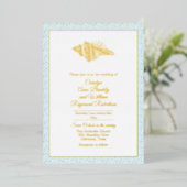 Gold Seashell met Aqua Lijst Wedding Folie Uitnodiging (Staand Voorkant)