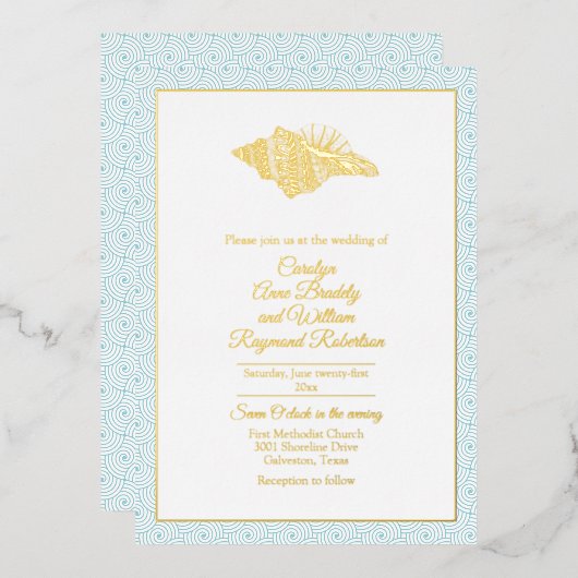 Gold Seashell met Aqua Lijst Wedding Folie Uitnodiging (Voorkant / Achterkant)
