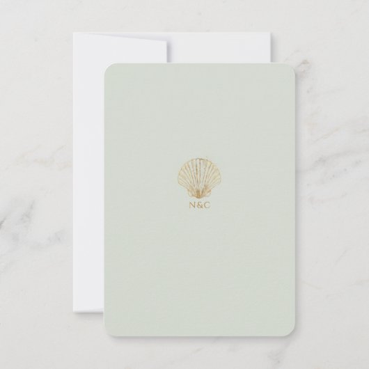 Gold Seashell Mute Sage Wedding Save the Date (Achterkant)