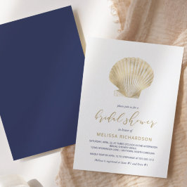 Gold Seashell Navy Blue Beach Vrijgezellenfeest Kaart