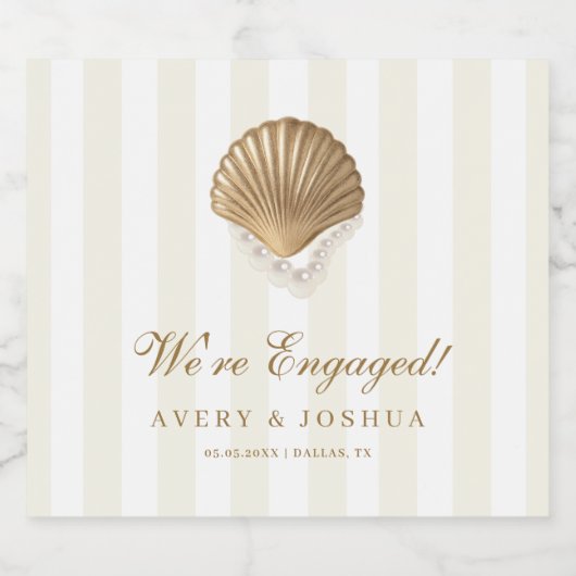 Gold Seashell Pearl Wedding Engagement Party Favor Sparkling Wijnetiket (Enkel label)