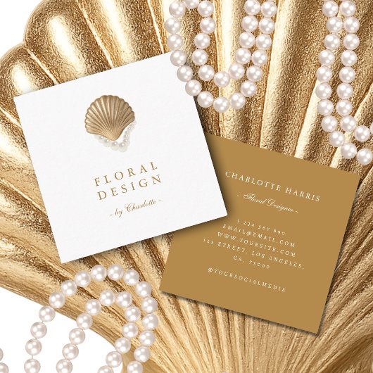 Gold Seashell & Pearls Coastal Chic Any Profession Vierkante Visitekaartje
