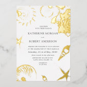 Gold Seashells Elegant Wedding Folie Invitation Folie Uitnodiging (Voorkant)