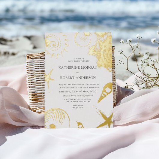 Gold Seashells Elegant Wedding Folie Invitation Uitnodiging