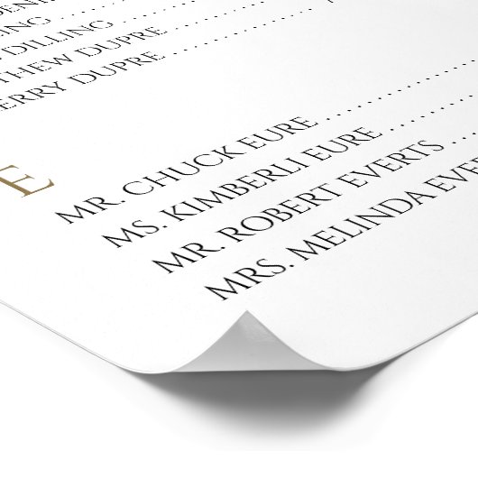 Gold Seating Chart met Bride & Groom Initialen Poster (Hoek)
