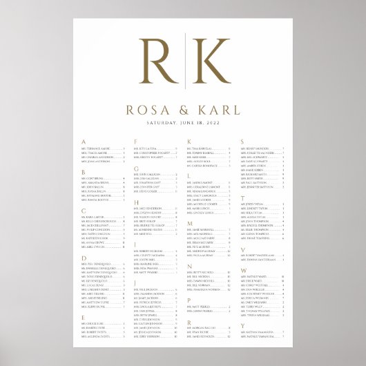 Gold Seating Chart met Bride & Groom Initialen Poster (Voorkant)