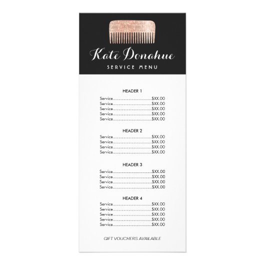 Gold Sequin Comb Haarstylist Salon Price List Menu (Voorkant)