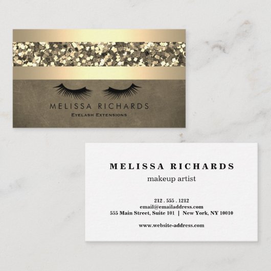 Gold & Sequin Makeup Artist Eyelash Extensions Visitekaartje (Voorkant / Achterkant)