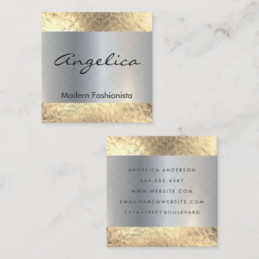 Gold Sequin Pattern | Silver Metallic Background Vierkante Visitekaartje (Voorkant / Achterkant)