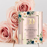 Gold Sequins, Blue Rozen Champagne 50th Birthday Kaart<br><div class="desc">Goudharsen,  bloemen,  champagneglas,  champagnefles en confetti op de gouden achtergrond van het roos.</div>