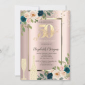 Gold Sequins, Blue Rozen Champagne 50th Birthday Kaart (Voorkant)