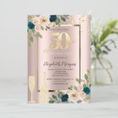 Gold Sequins, Blue Rozen Champagne 50th Birthday Kaart (Staand voorkant)