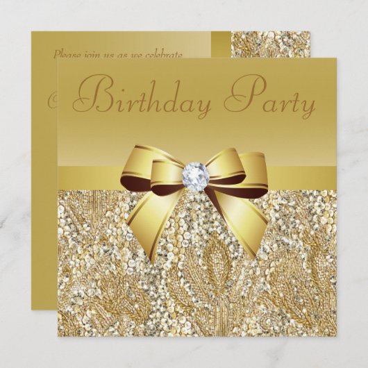 Gold Sequins, Bow & Diamond Birthday Party Kaart (Voorkant / Achterkant)