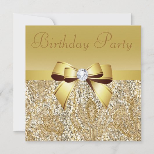 Gold Sequins, Bow & Diamond Birthday Party Kaart (Voorkant)