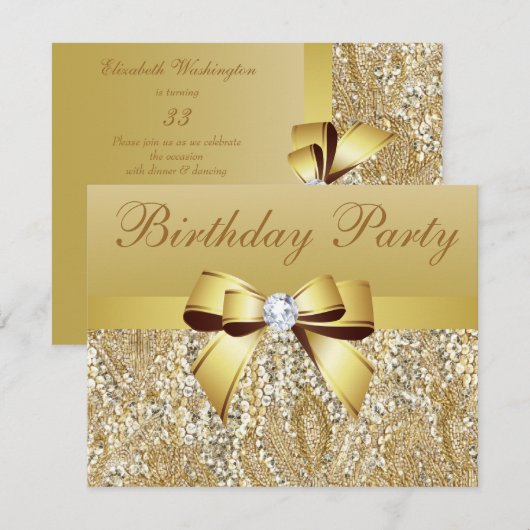 Gold Sequins, Bow & Diamond Birthday Party Kaart (Voorkant / Achterkant)