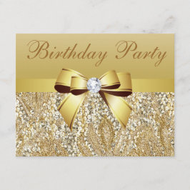 Gold Sequins, Bow & Diamond Birthday Party Kaart