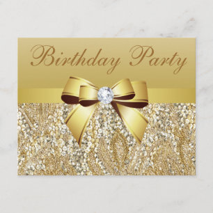 Gold Sequins, Bow & Diamond Birthday Party Kaart